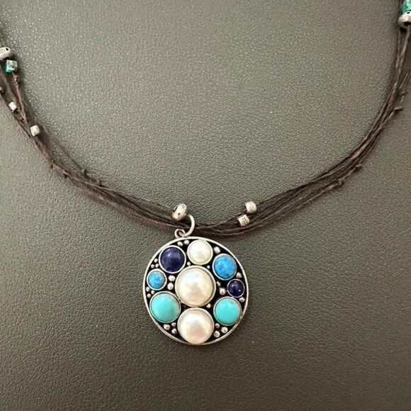Vintage Sterling Silver CFJ Turquoise Bead Pearl Pendant Necklace - Picture 1 of 8
